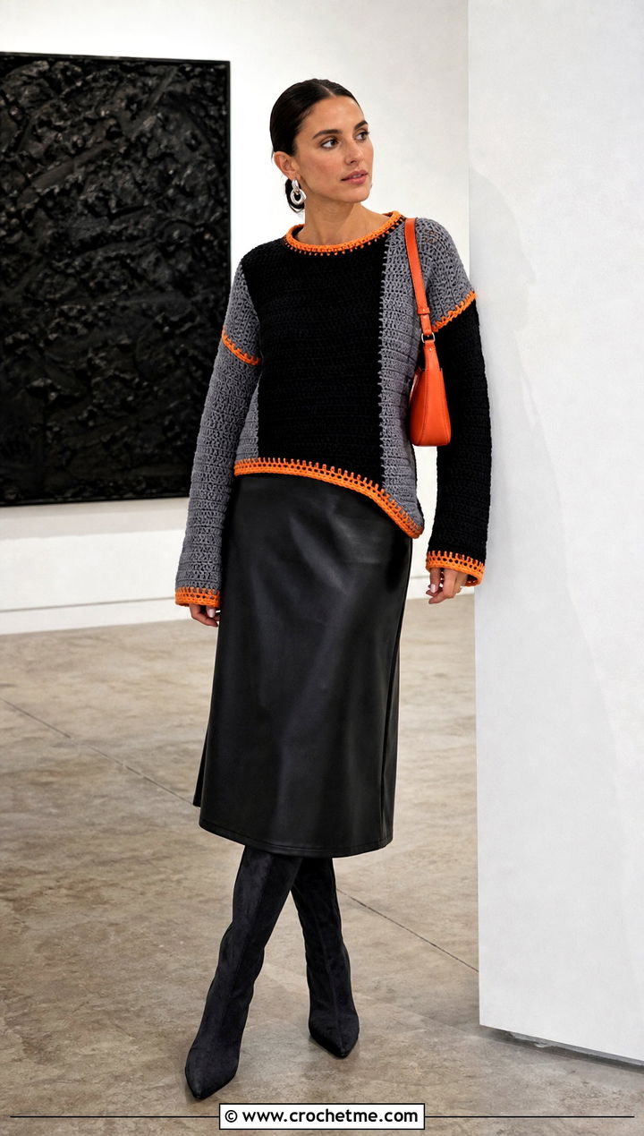 Black And Gray Color Block Crochet Sweater With Leather Skirt - 15 black and gray crochet sweater outfit ideas