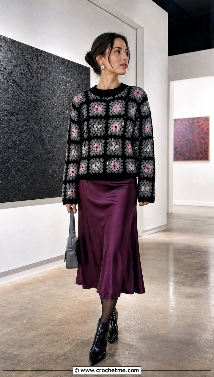 Black And Gray Granny Square Crochet Sweater With Satin Skirt - 15 black and gray crochet sweater outfit ideas