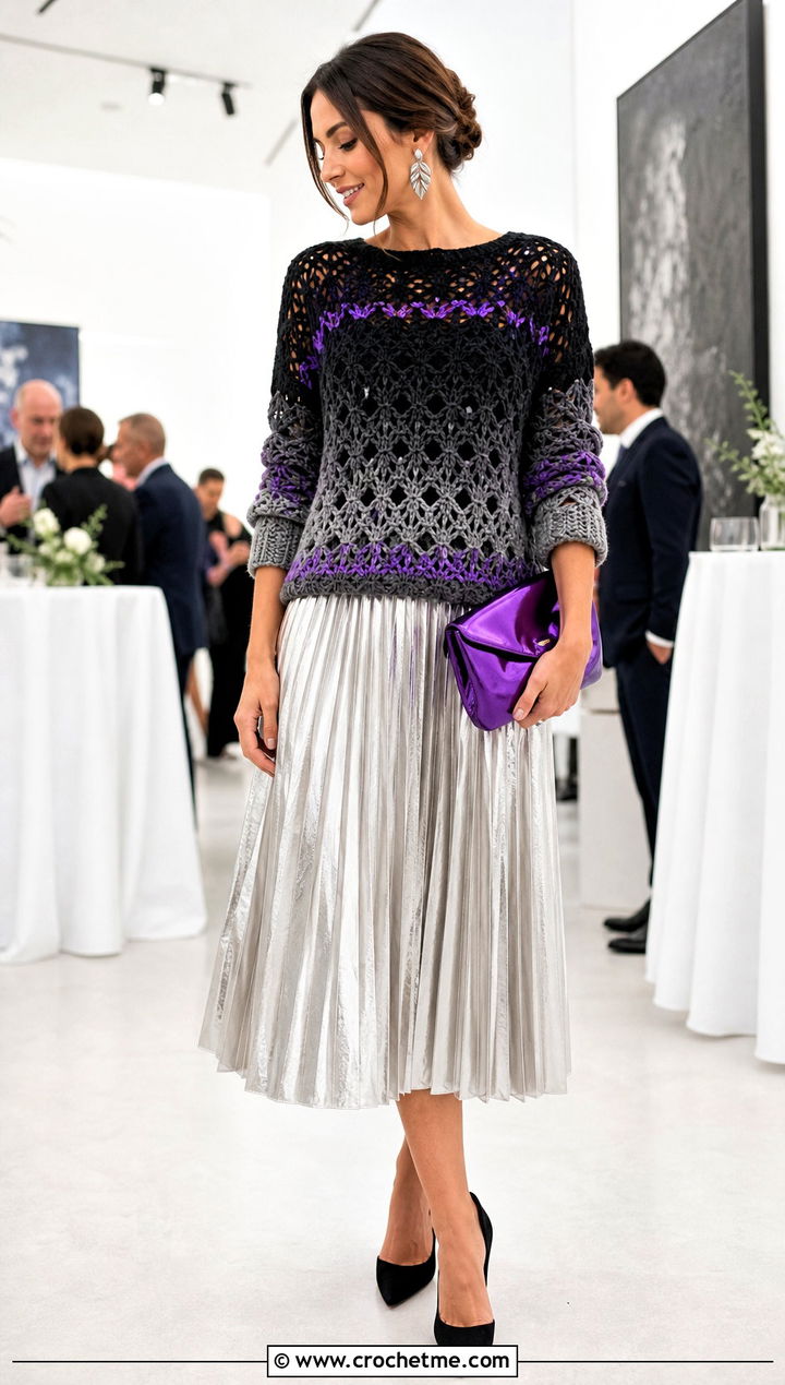 Black And Gray Ombre Crochet Sweater With Silver Skirt - 15 black and gray crochet sweater outfit ideas