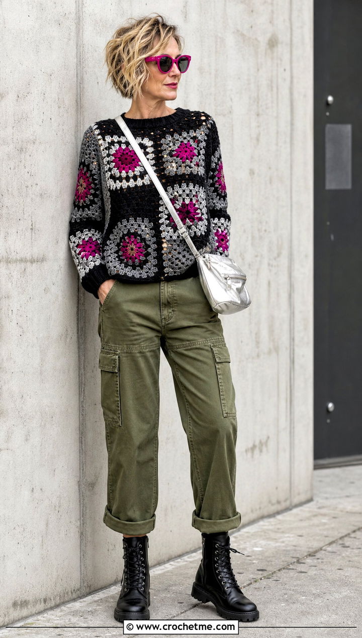 Black And Gray Patchwork Crochet Sweater With Utility Pants - 15 black and gray crochet sweater outfit ideas