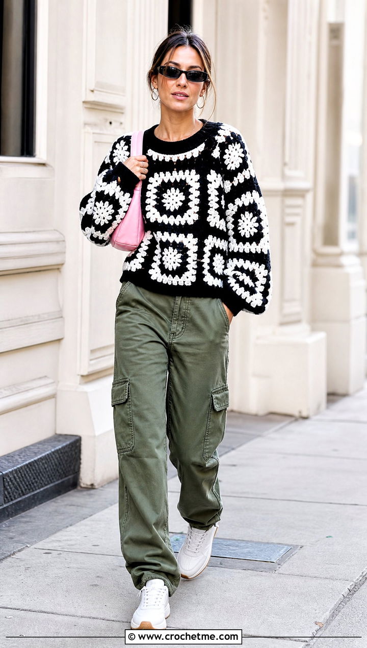 Black And White Balloon Sleeve Granny Square Sweater With Cargo Pants - 25 black and white granny square sweater outfit ideas