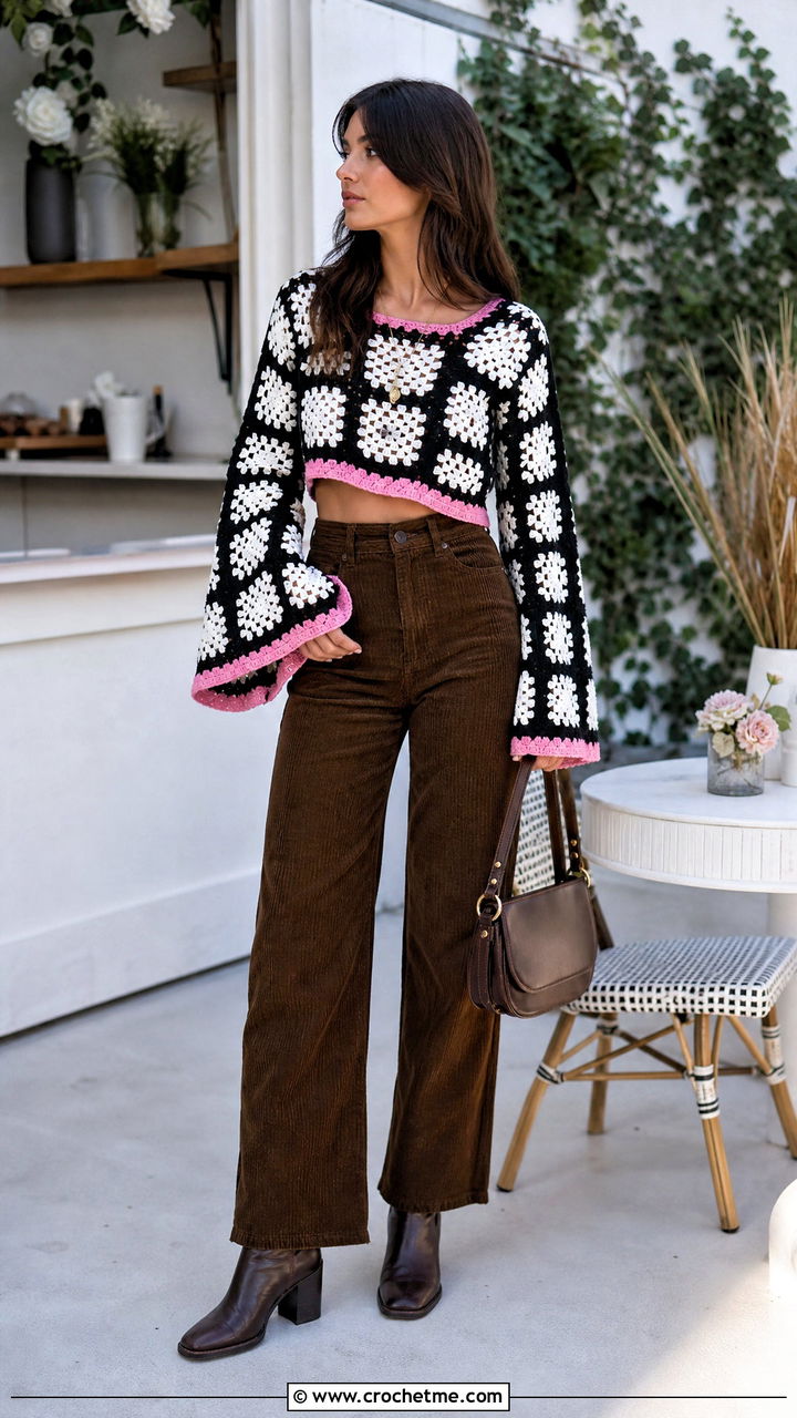 Black And White Bell Sleeve Crochet Top With Corduroy Pants - 35 black and white crochet top outfit ideas