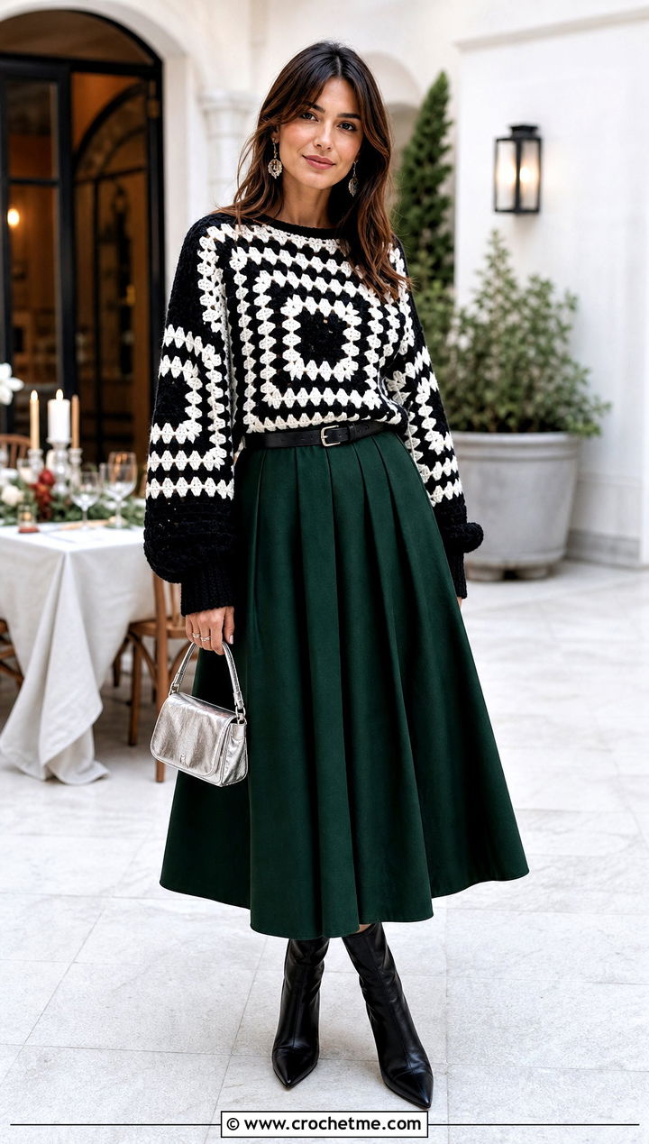 Black And White Belted Granny Square Sweater With Full Midi Skirt - 25 black and white granny square sweater outfit ideas