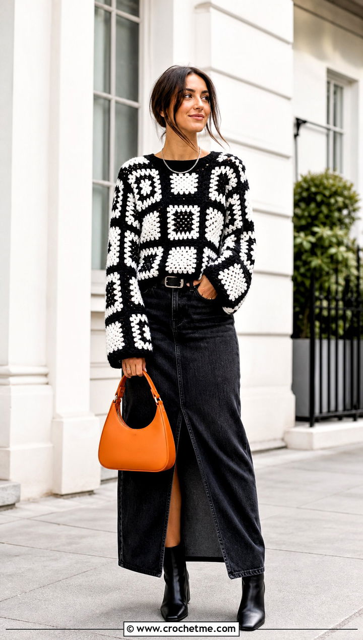 Black And White Boxy Granny Square Sweater With Denim Maxi Skirt - 25 black and white granny square sweater outfit ideas