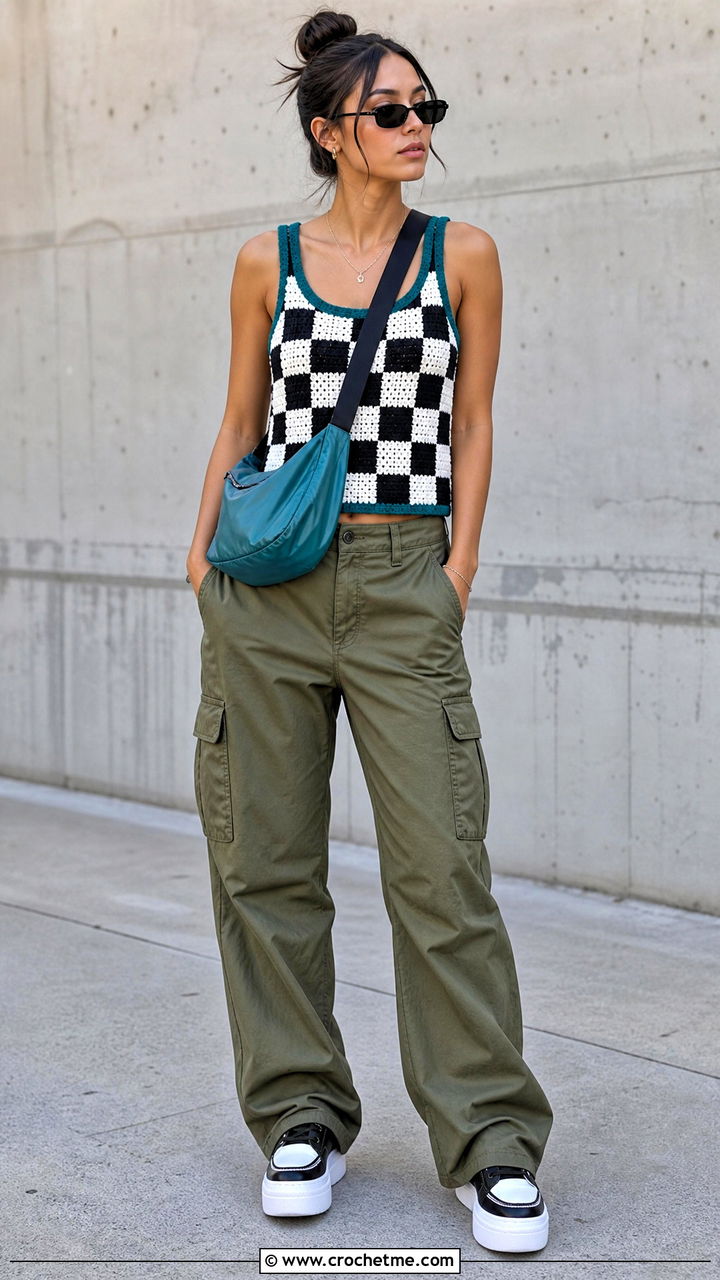 Black And White Checkerboard Tank Top With Cargo Pants - 35 black and white crochet top outfit ideas
