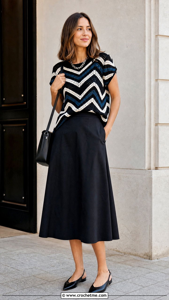 Black And White Chevron Crochet Top With A Black Midi Skirt - 35 black and white crochet top outfit ideas