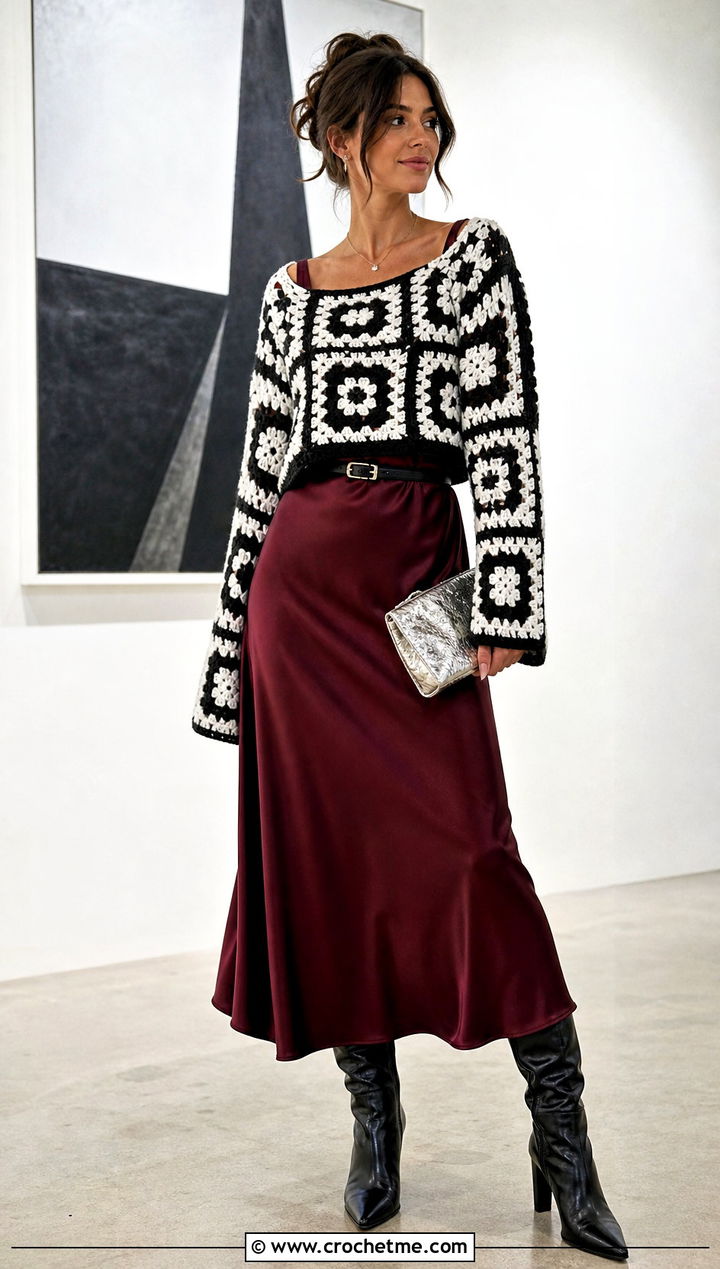 Black And White Chunky Granny Square Sweater Over A Slip Dress - 25 black and white granny square sweater outfit ideas