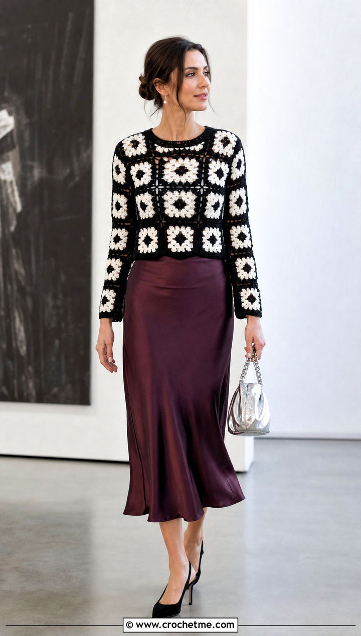 Black And White Crewneck Granny Square Sweater With Satin Skirt - 25 black and white granny square sweater outfit ideas