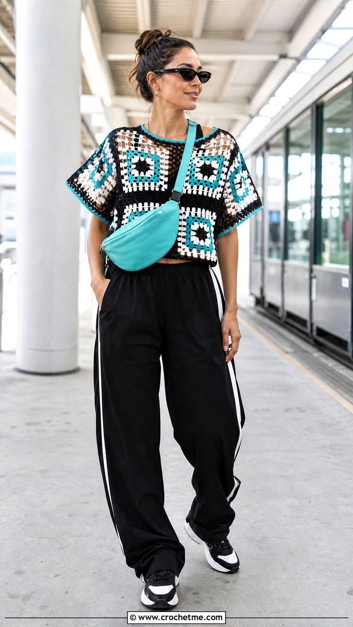 Black And White Crochet Boxy Tee With Track Pants - 35 black and white crochet top outfit ideas