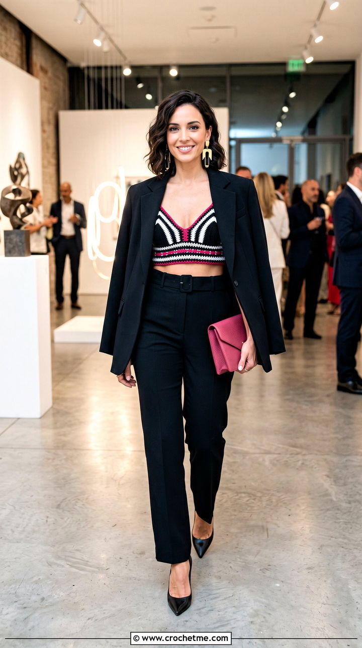 Black And White Crochet Bralette Top With An Oversized Suit - 35 black and white crochet top outfit ideas