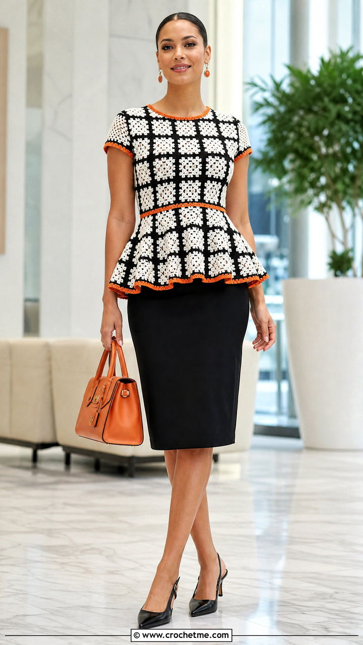 Black And White Crochet Peplum Top With A Pencil Skirt - 35 black and white crochet top outfit ideas