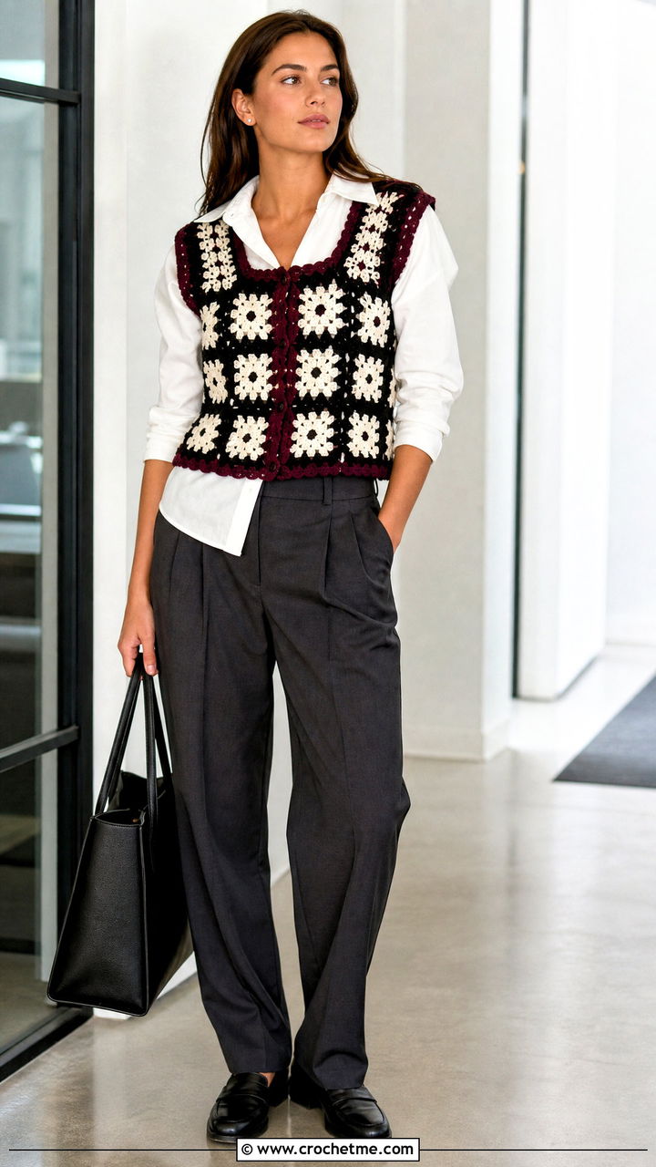 Black And White Crochet Vest Top With Pleated Trousers - 35 black and white crochet top outfit ideas