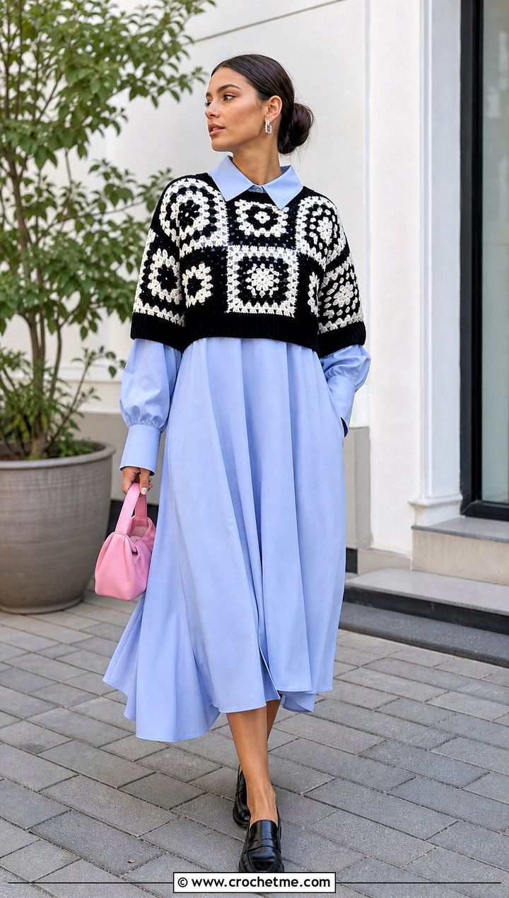 Black And White Cropped Granny Square Sweater Over A Shirt Dress - 25 black and white granny square sweater outfit ideas