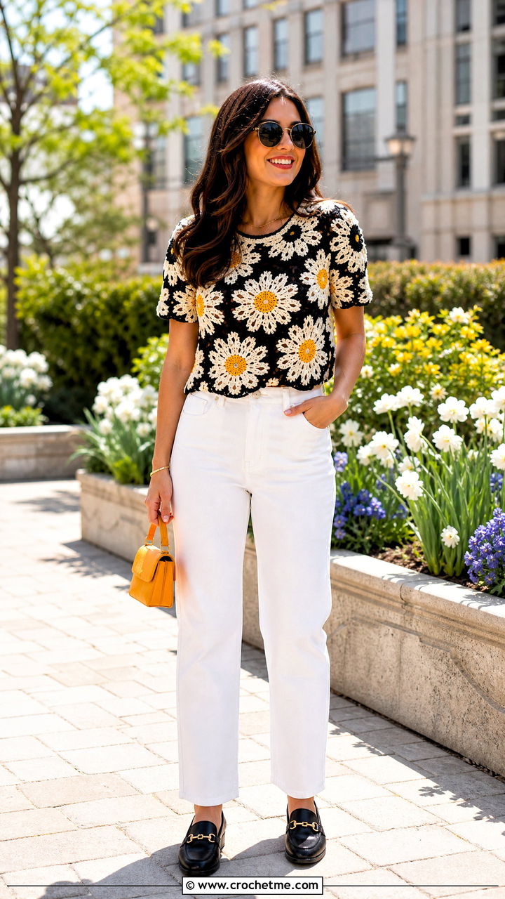 Black And White Floral Motif Crochet Top With White Jeans - 35 black and white crochet top outfit ideas