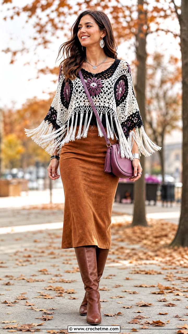Black And White Fringed Crochet Top With A Suede Midi Skirt - 35 black and white crochet top outfit ideas