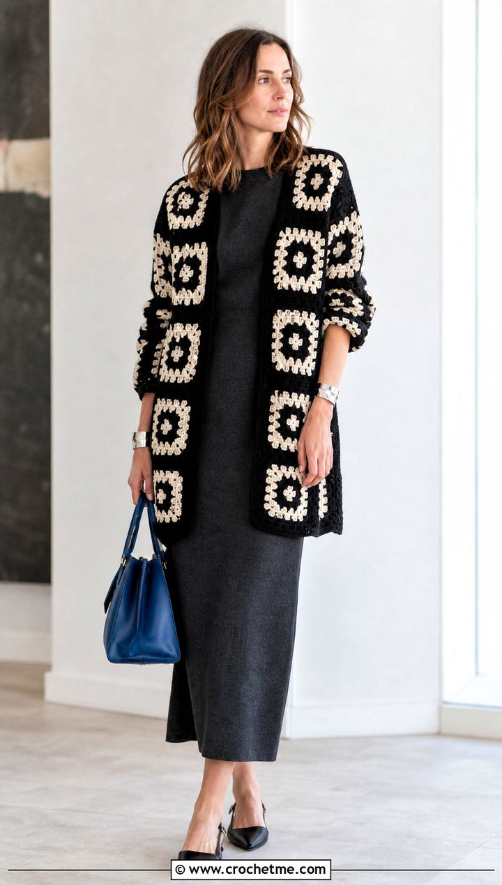 Black And White Granny Square Cardigan Sweater With A Column Dress - 25 black and white granny square sweater outfit ideas