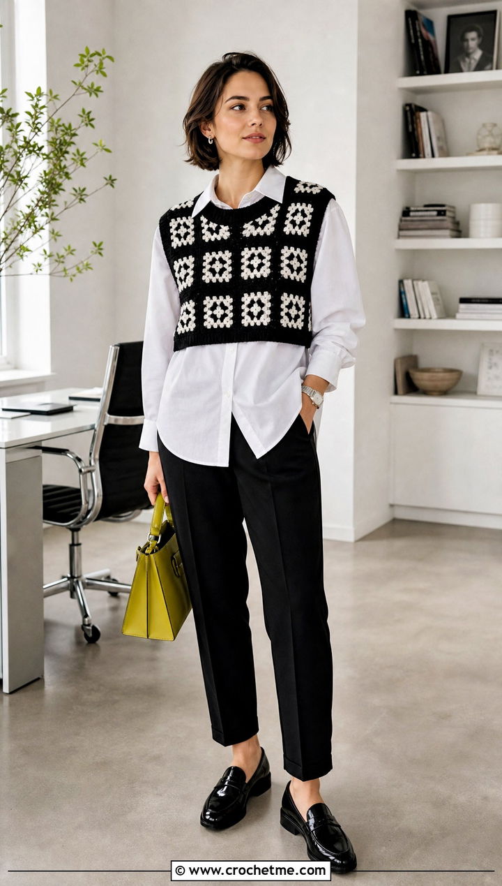 Black And White Granny Square Sweater Vest With Poplin Shirt - 25 black and white granny square sweater outfit ideas