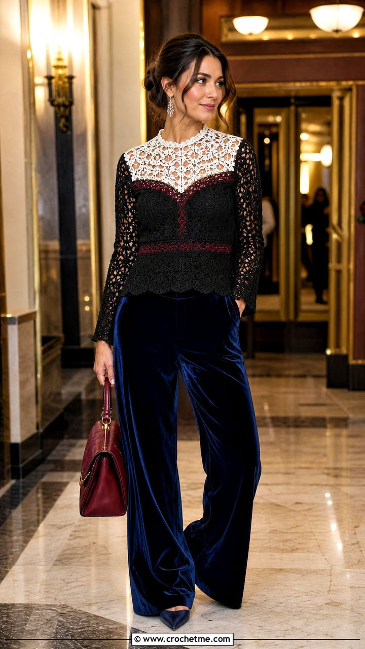 Black And White Lace Yoke Crochet Top With Velvet Trousers - 35 black and white crochet top outfit ideas