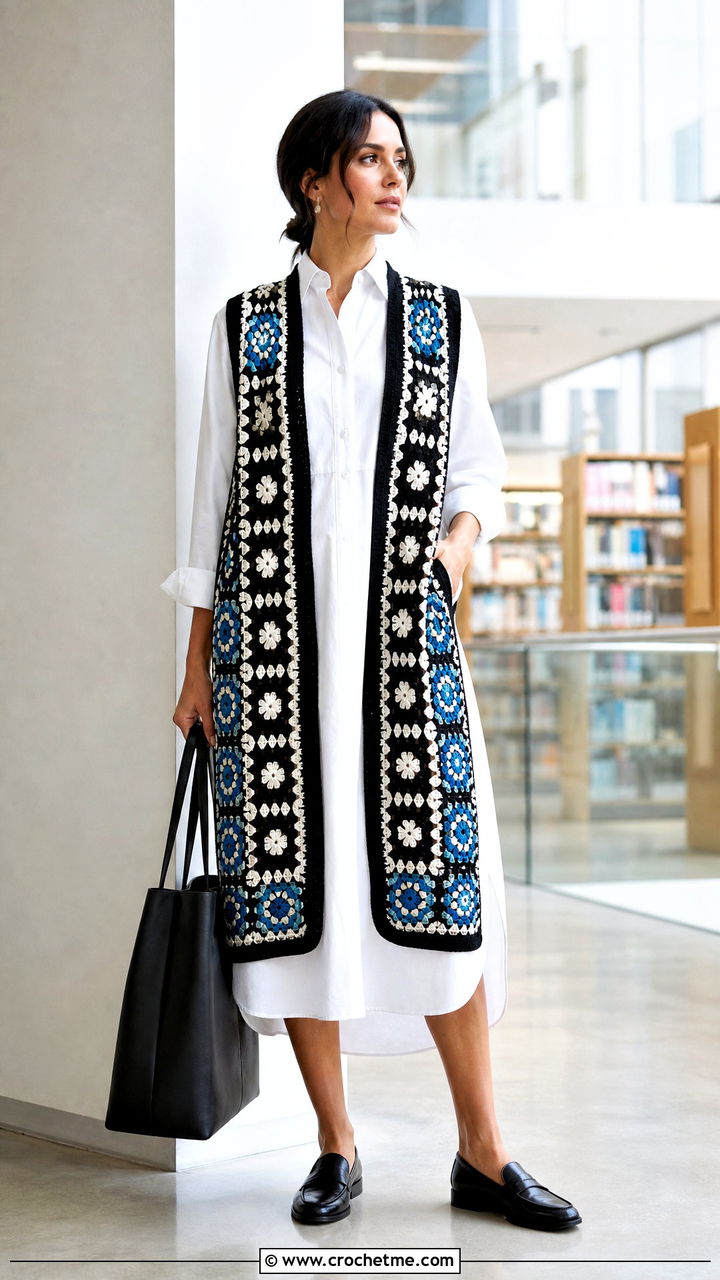 Black And White Longline Crochet Vest Top Over A Shirt Dress - 35 black and white crochet top outfit ideas