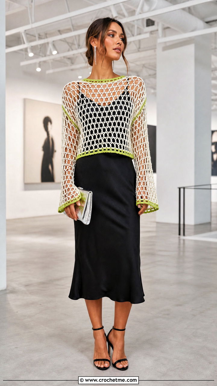 Black And White Mesh Long Sleeve Top Over A Slip Dress - 35 black and white crochet top outfit ideas