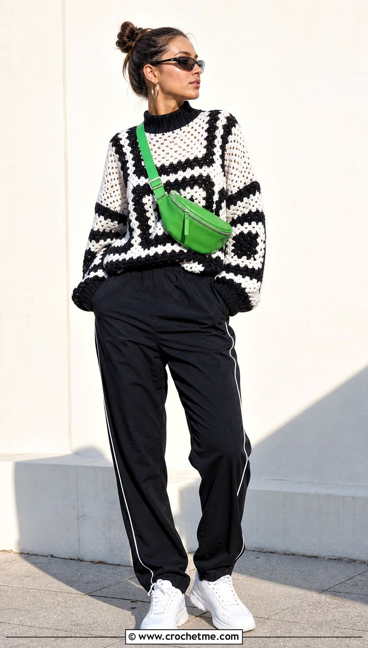 Black And White Mock Neck Granny Square Sweater With Track Pants - 25 black and white granny square sweater outfit ideas