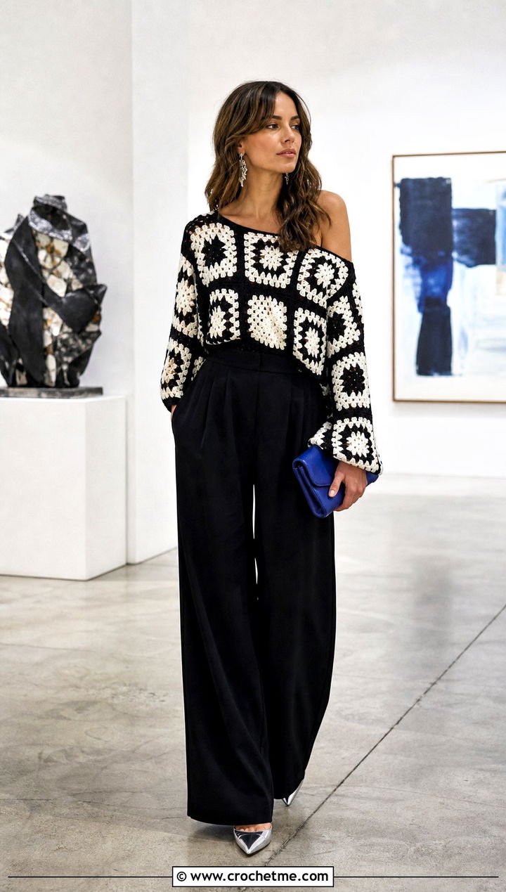 Black And White Off Shoulder Granny Square Sweater With Evening Trousers - 25 black and white granny square sweater outfit ideas