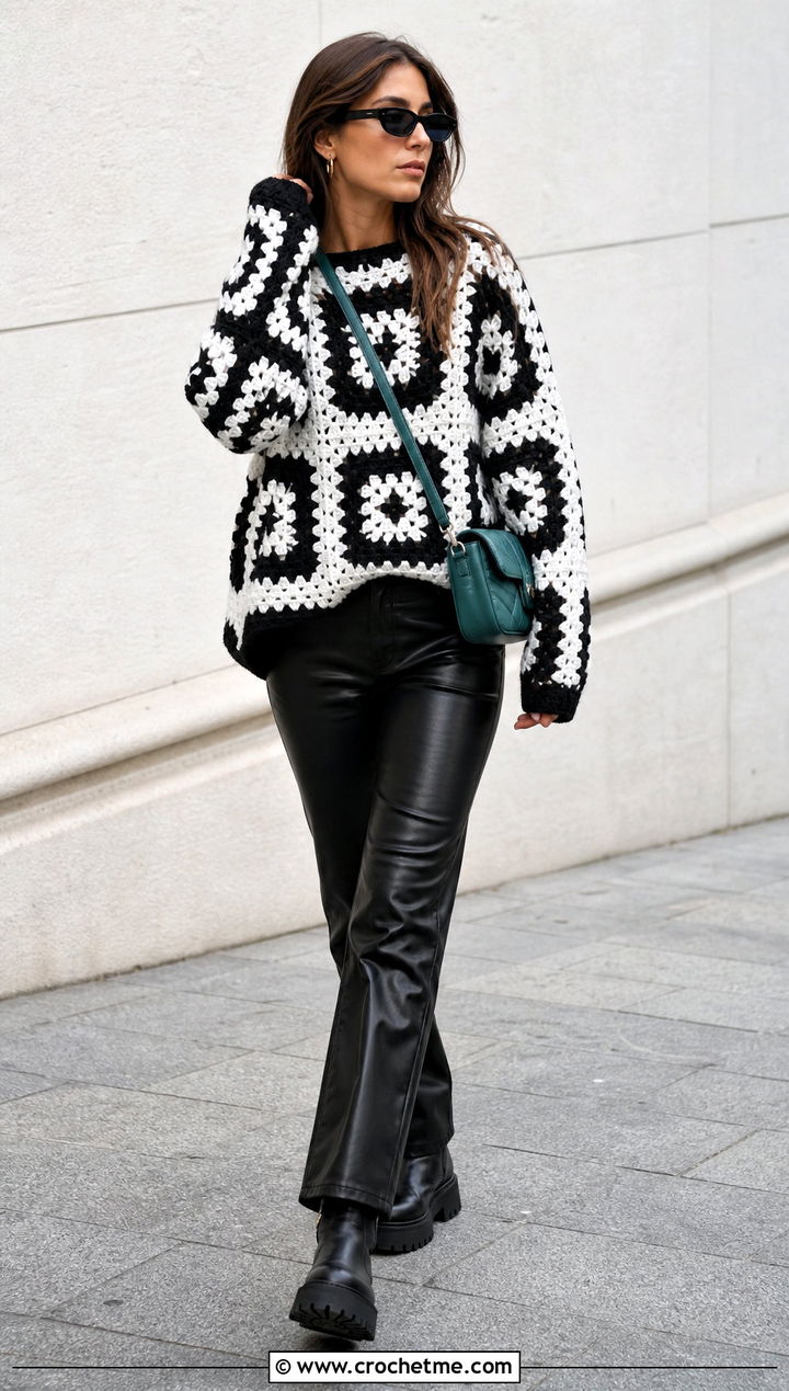 Black And White Oversized Granny Square Sweater With Leather Pants - 25 black and white granny square sweater outfit ideas