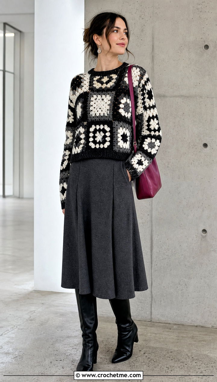 Black And White Patchwork Granny Square Sweater With Midi Skirt - 25 black and white granny square sweater outfit ideas