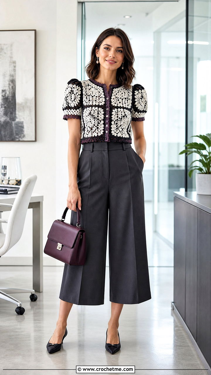 Black And White Puff Sleeve Crochet Blouse With Culottes - 35 black and white crochet top outfit ideas