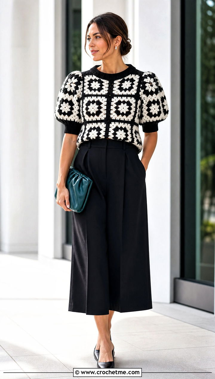 Black And White Puff Sleeve Granny Square Sweater With Culottes - 25 black and white granny square sweater outfit ideas
