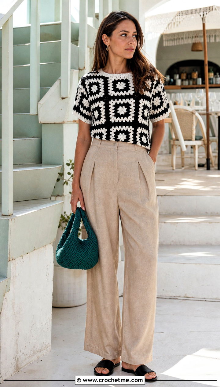 Black And White Short Sleeve Granny Square Sweater With Linen Pants - 25 black and white granny square sweater outfit ideas