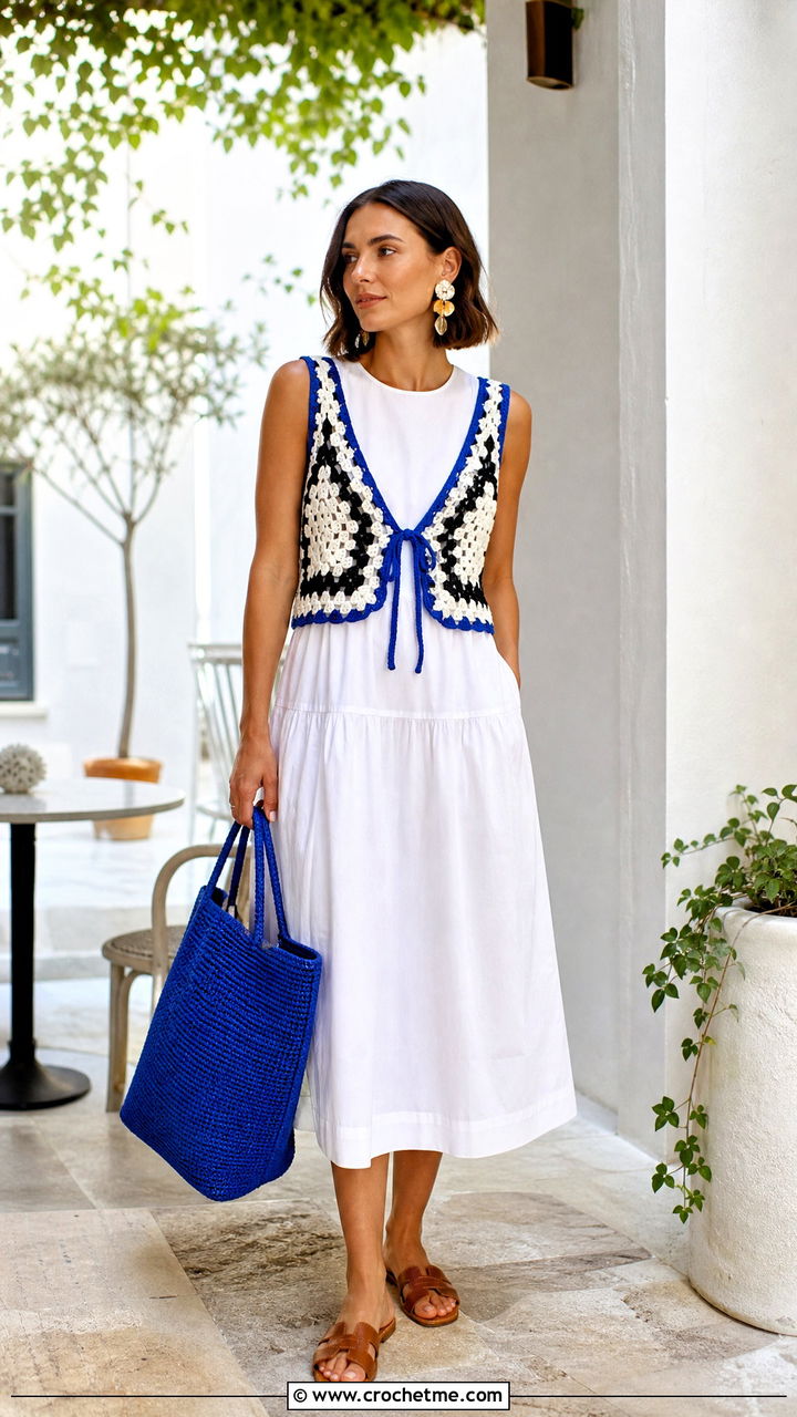 Black And White Tie Front Crochet Top Over A Poplin Dress - 35 black and white crochet top outfit ideas