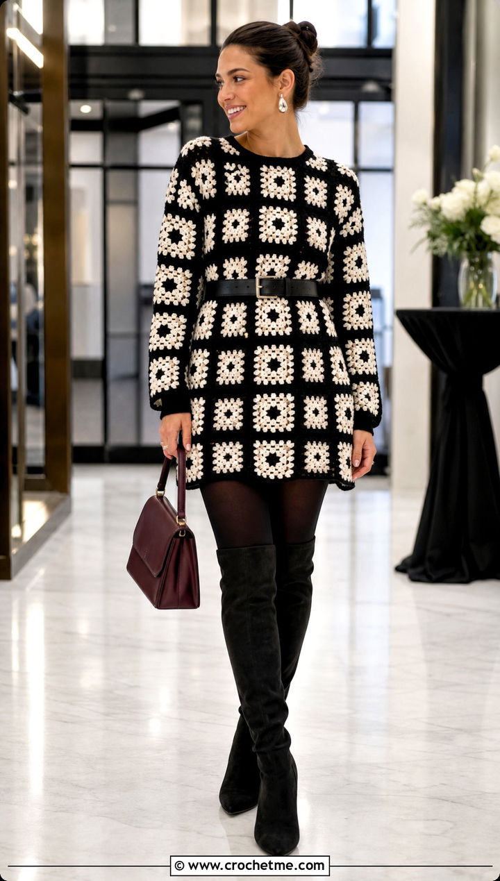 Black And White Tunic Granny Square Sweater With Over The Knee Boots - 25 black and white granny square sweater outfit ideas