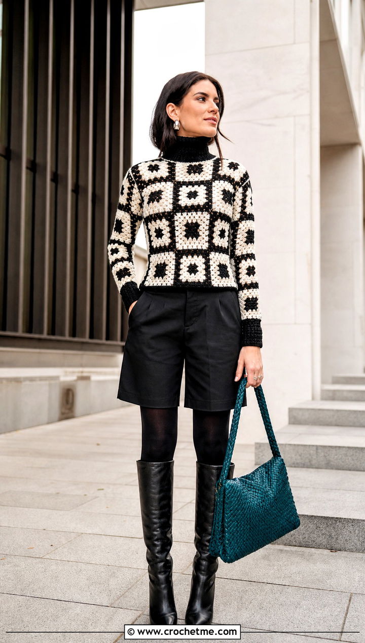 Black And White Turtleneck Granny Square Sweater With Tailored Shorts - 25 black and white granny square sweater outfit ideas