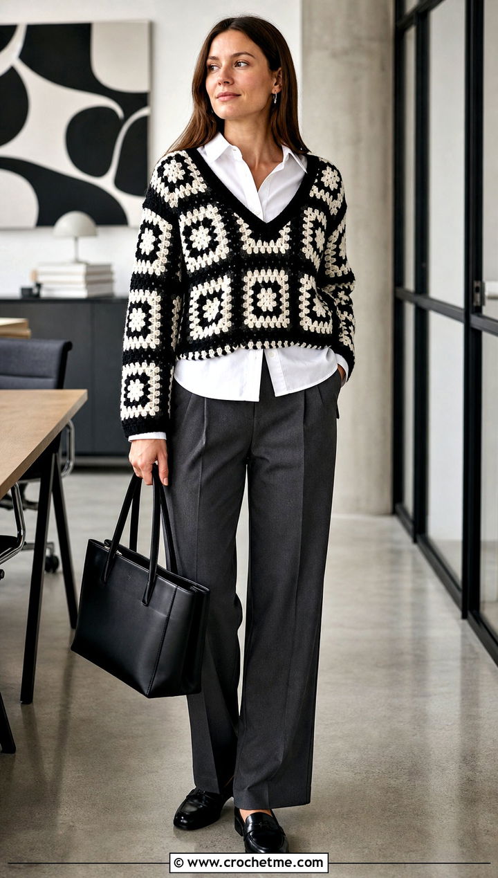 Black And White V Neck Granny Square Sweater With Tailored Trousers - 25 black and white granny square sweater outfit ideas