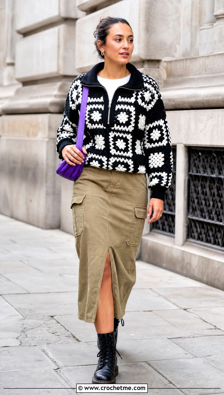 Black And White Zip Collar Granny Square Sweater With Utility Skirt - 25 black and white granny square sweater outfit ideas