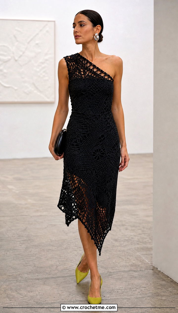 Black Asymmetric Crochet Dress With Lime Accessories - 15 elegant black crochet dress outfit ideas