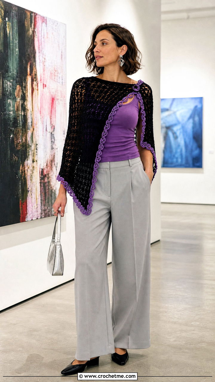 Black Asymmetric Crochet Shrug With Tailored Trousers - 35 black crochet shrug outfit ideas