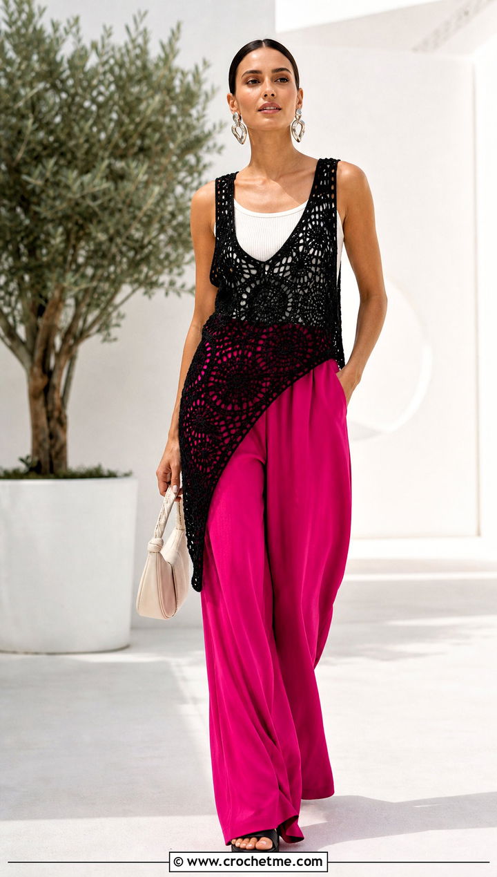 Black Asymmetric Crochet Summer Vest With Palazzo Pants - 15 Black Crochet Summer Vest outfit ideas