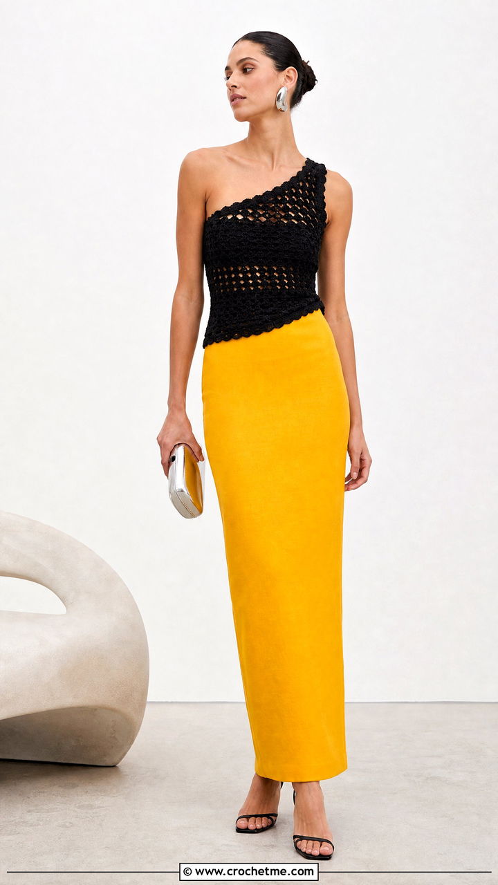 Black Asymmetric Crochet Top With Column Skirt - 35 black crochet top outfit ideas