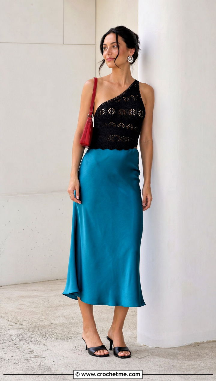 Black Asymmetrical Crochet Top With Bias Cut Skirt - 15 zara black crochet top outfit ideas
