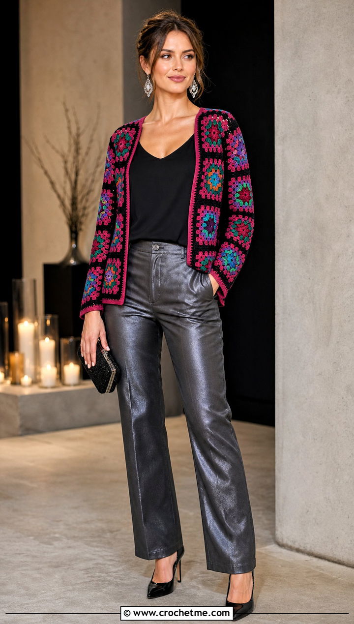 Black Background Granny Square Cardigan With Metallic Pants - 25 One Granny Square Cardigan outfit ideas
