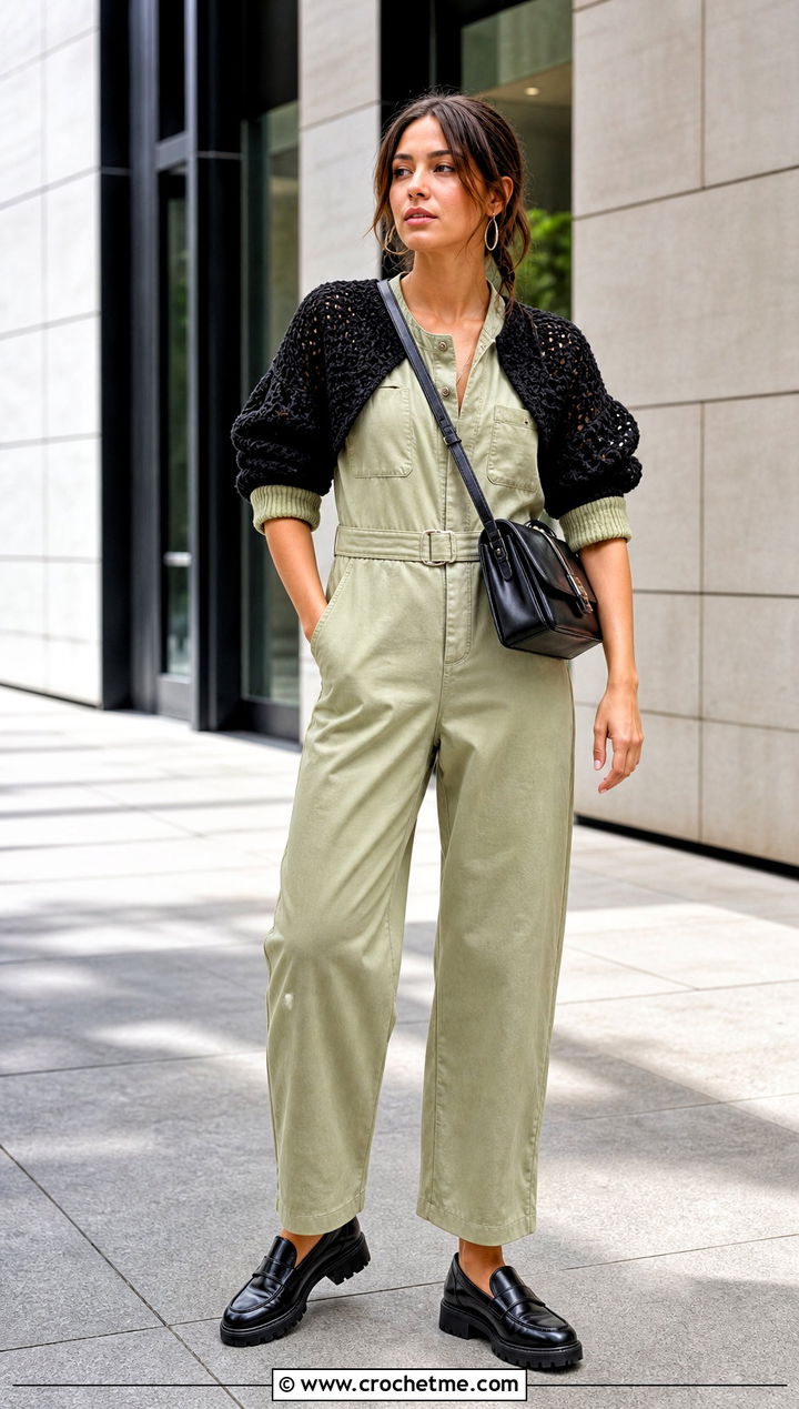 Black Balloon Sleeve Crochet Bolero With Utility Jumpsuit - 25 black crochet bolero outfit ideas