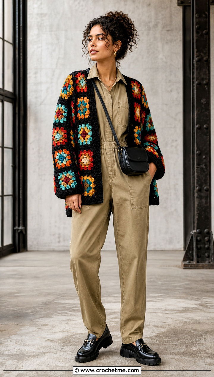 Black Base African Flower Granny Square Cardigan With Utility Jumpsuit - 30 african flower granny square cardigan outfit ideas