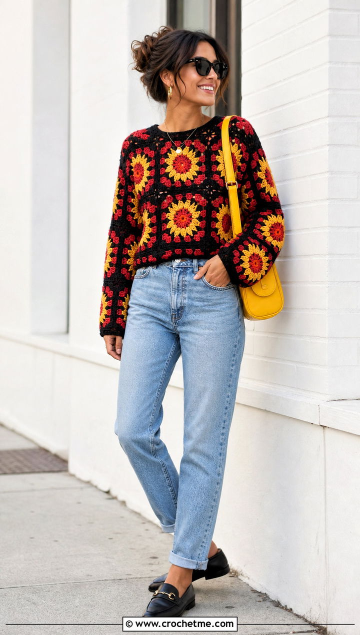 Black Base Crochet Sunflower Sweater With Mom Jeans - 35 crochet sunflower sweater outfit ideas