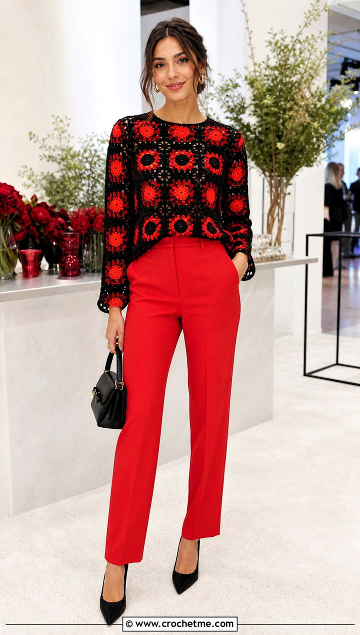 Black Base Granny Square Blouse With Red Trousers - 35 Granny Square Blouse outfit ideas