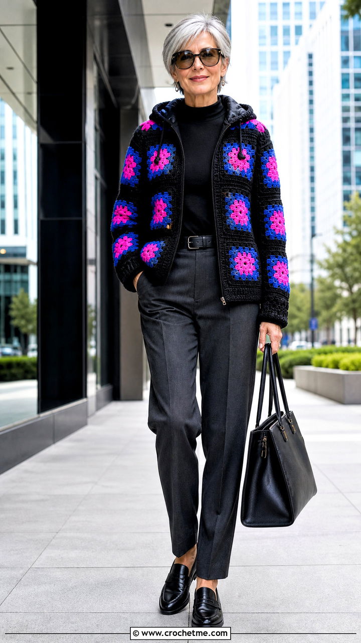 Black Base Granny Square Hoodie With Tailored Trousers - 35 granny square hoodie outfit ideas