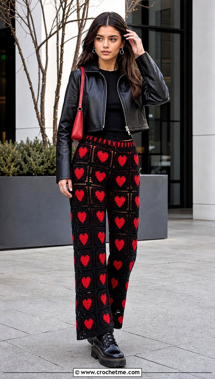 Black Base Heart Granny Square Pants With Leather Jacket - 30 heart granny square pants outfit ideas