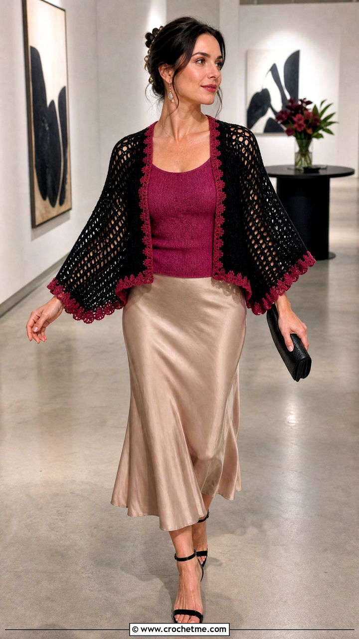 Black Batwing Crochet Shrug With Bias Cut Skirt - 35 black crochet shrug outfit ideas