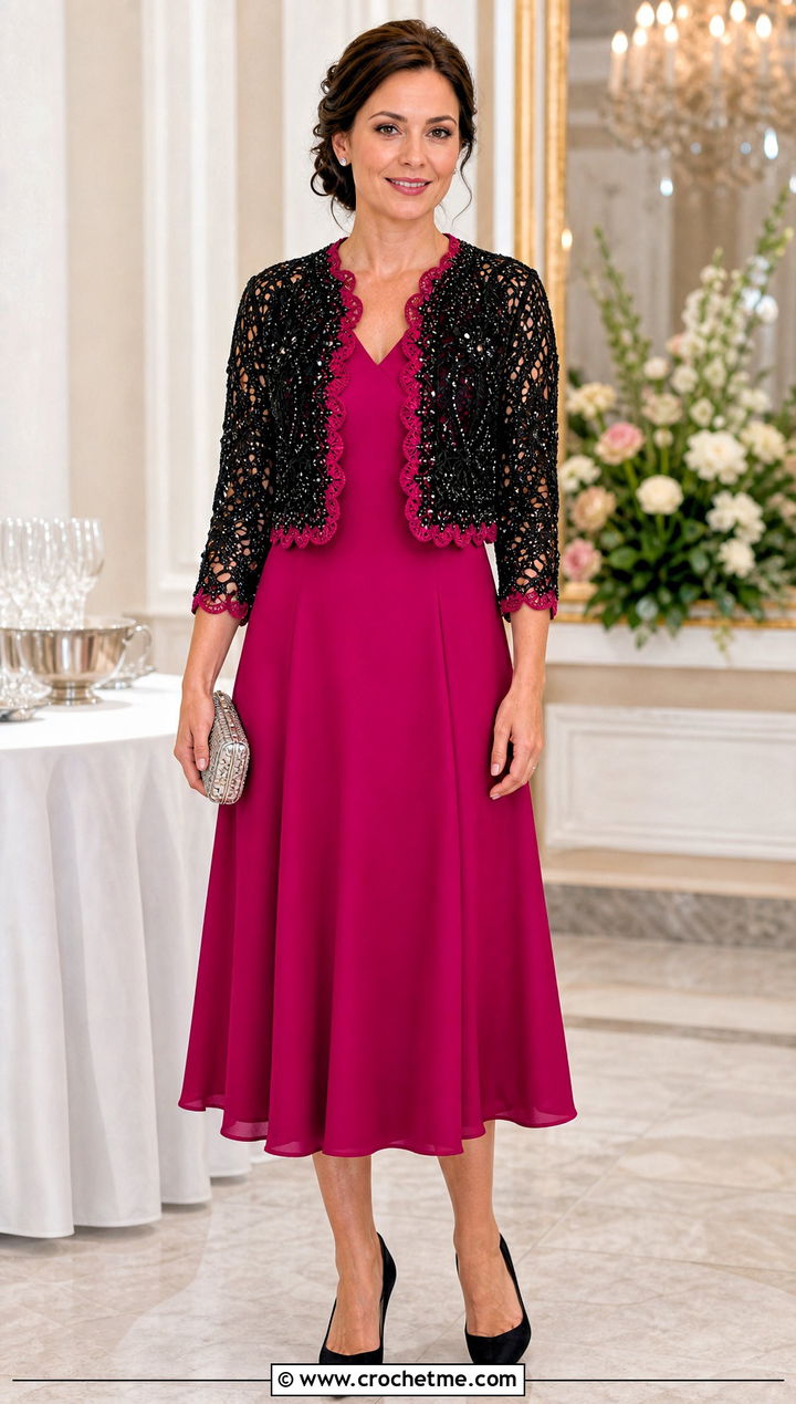 Black Beaded Crochet Bolero With A Line Dress - 25 black crochet bolero outfit ideas